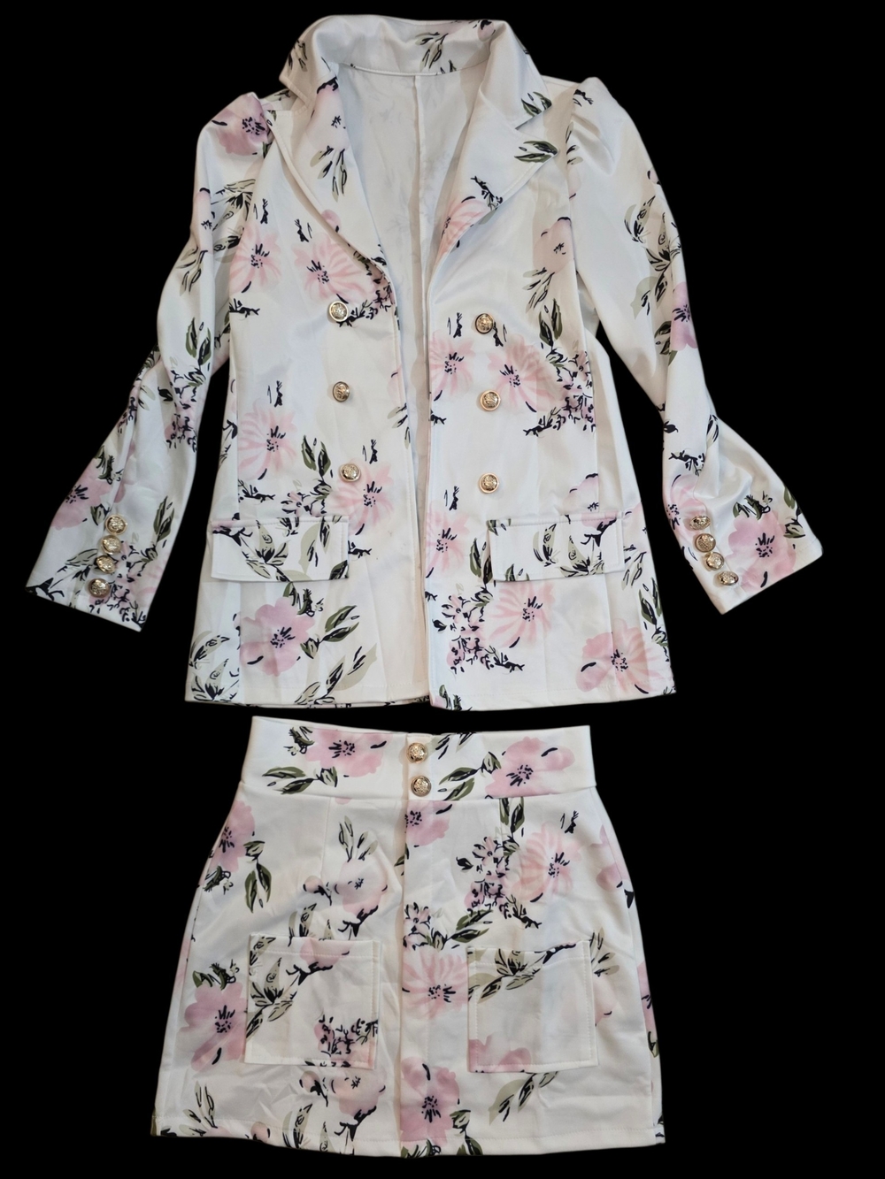 SHEIN White Floral Two-Piece Skirt Set with Pink Accents